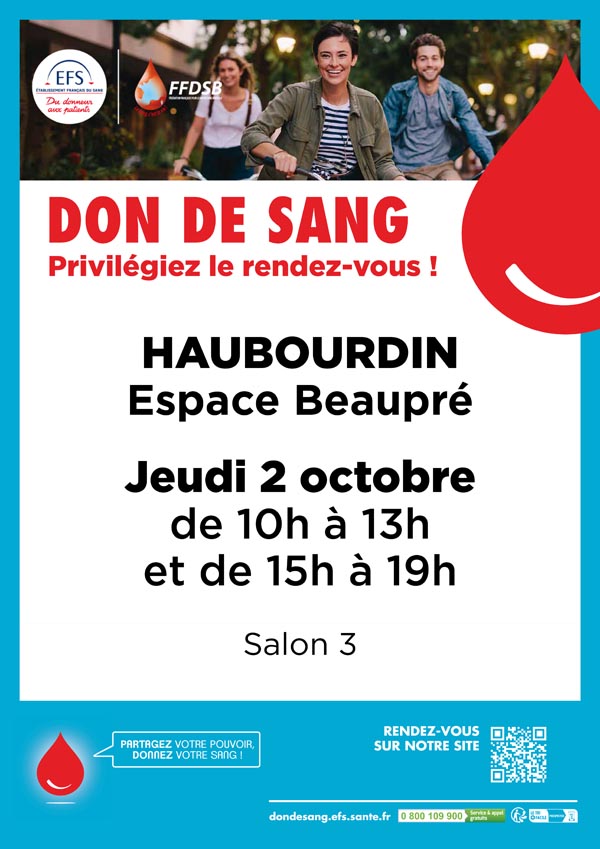 Affiche pour le don du Sang à l'Espace Beaupré d'Haubourdin le 2 octobre de 10 à 19h