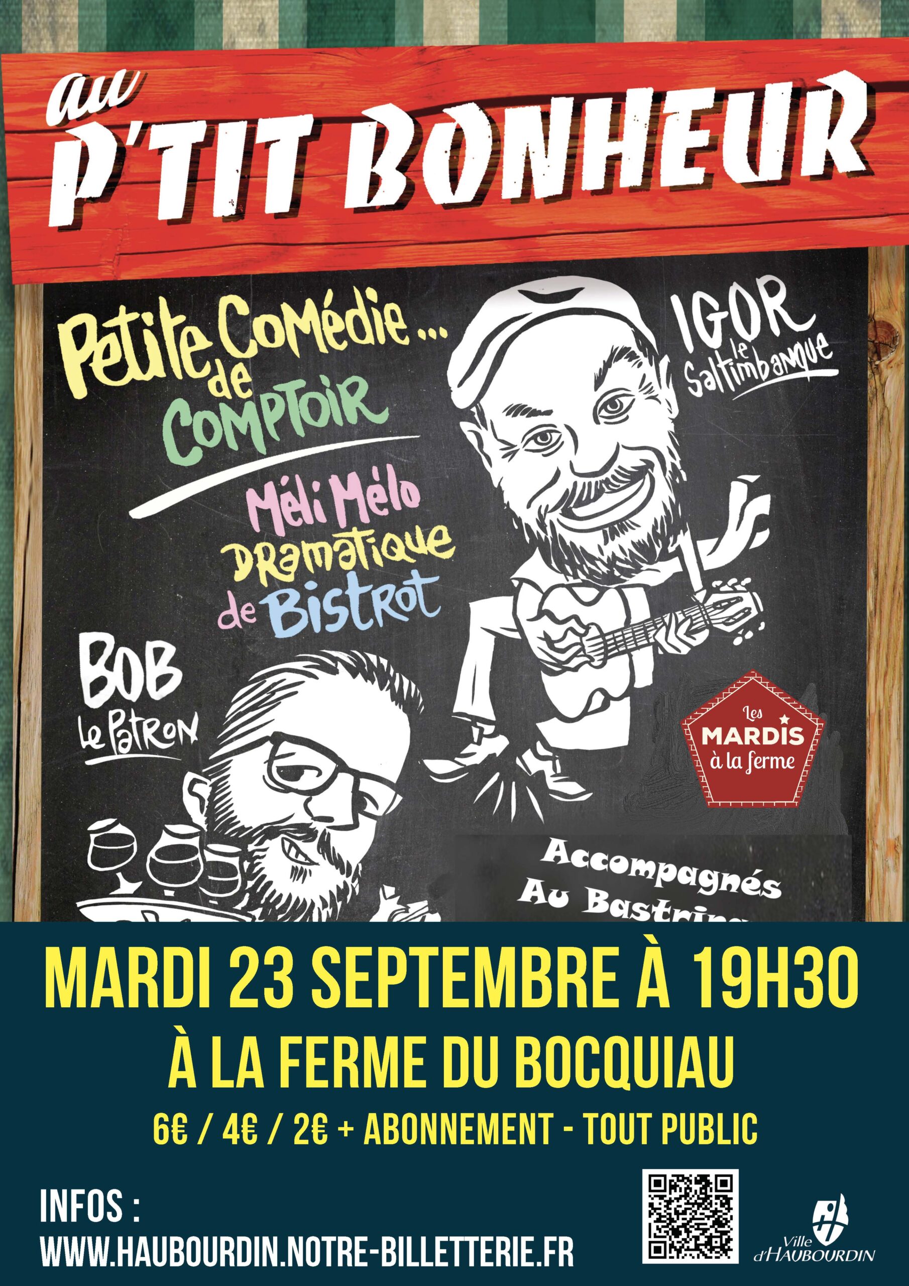 Affiche du concert humoristique Au P'tit Bonheur, le 23 septembre 2025 à 19h30 à la Ferme du Bocquiau à Haubourdin.