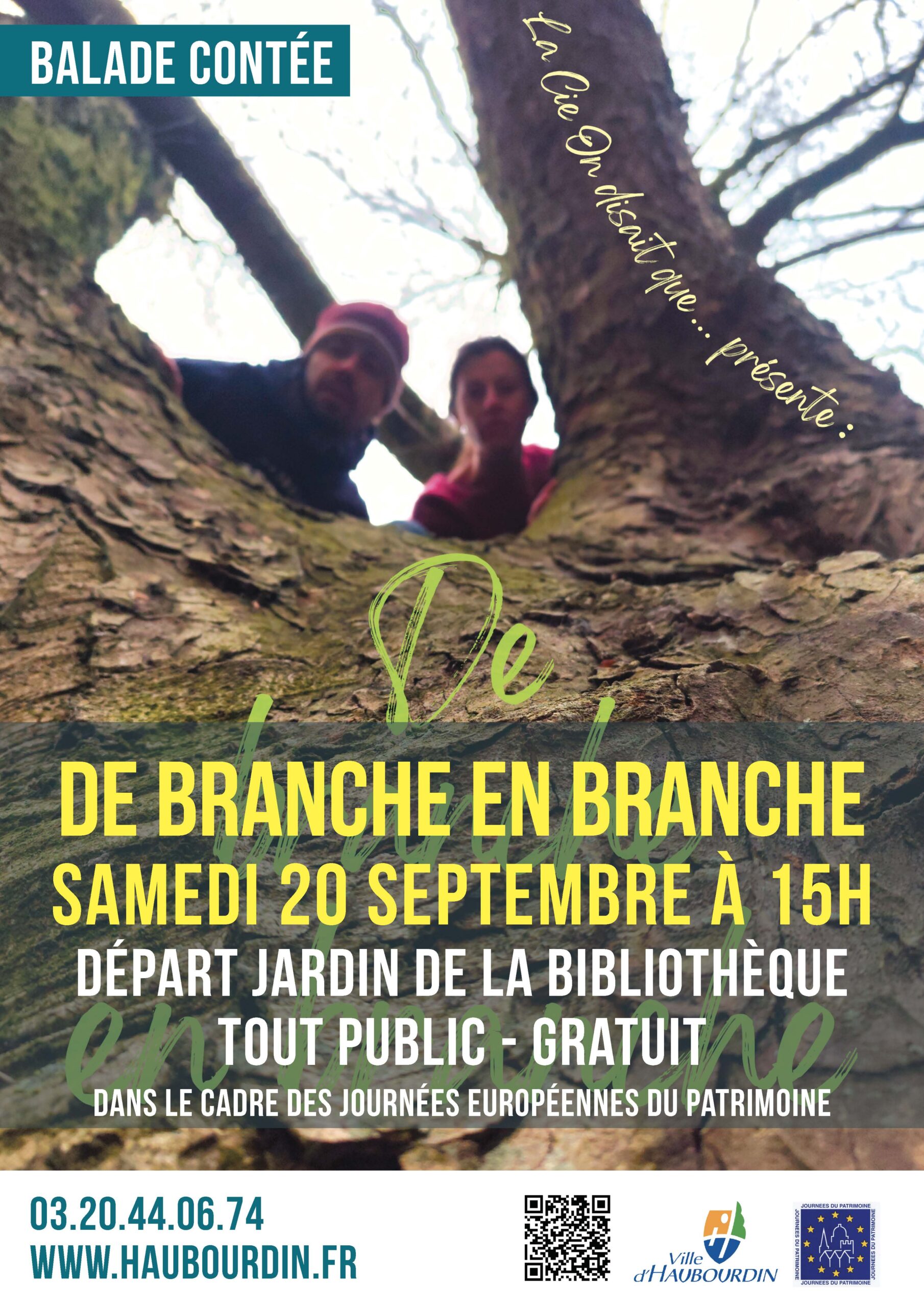 Affiche pour la balade contée De Branche en Branche à l'occasion des Journées Européennes du Patrimoine 2025 à Haubourdin le 20 septembre 2025