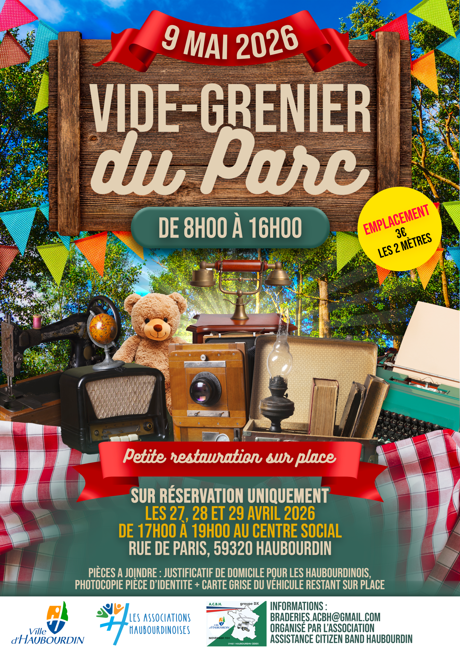 Le Vide-Grenier du Parc organisé par l'ACBH aura lieu le 9 mai 2026 de 8h00 à 16h00. Pensez à réserver votre emplacement à 3€ les 2 mètres les 27, 28 et 29 avril de 17h00 à 19h00 au Centre Social.