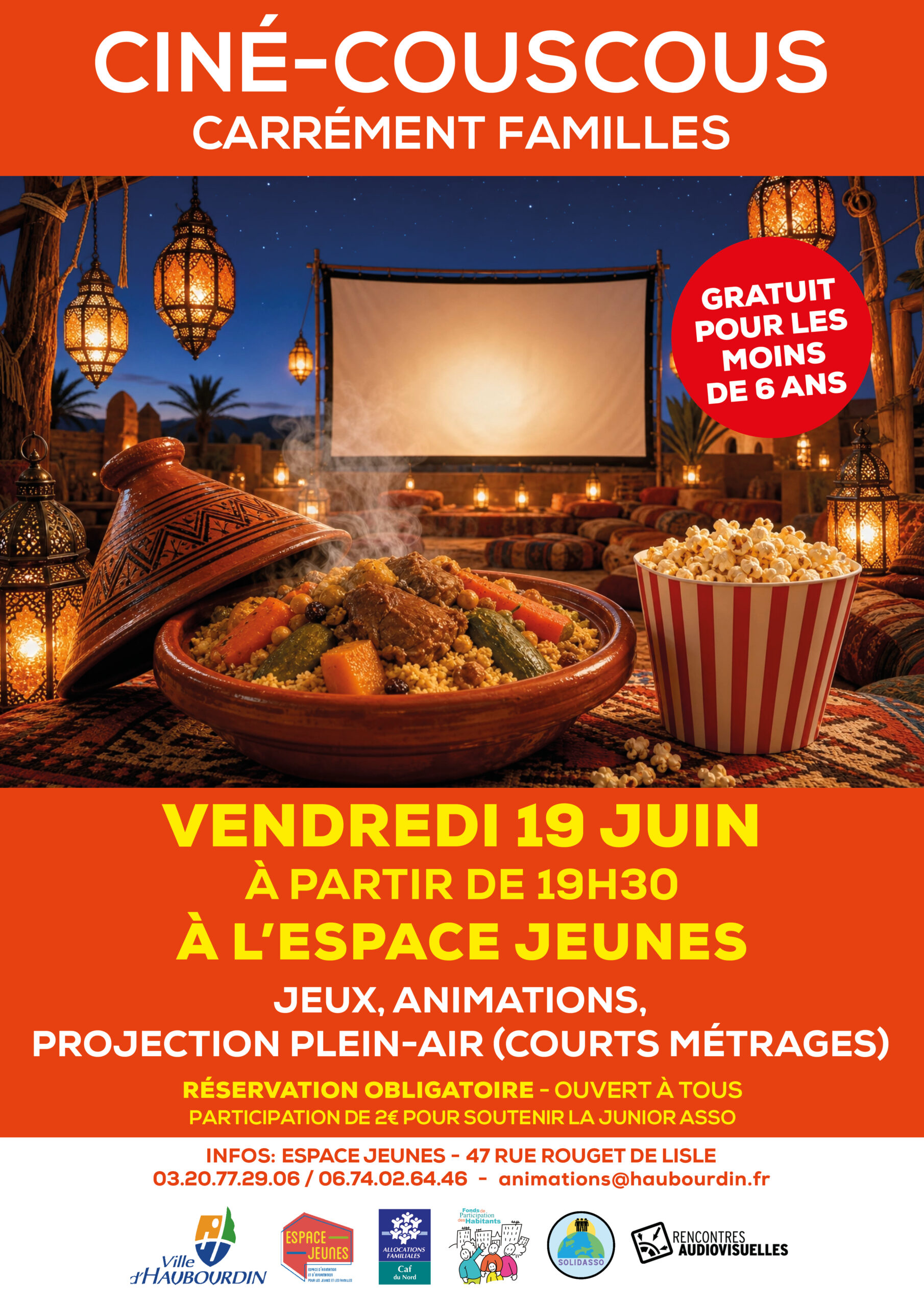 La prochaine soirée Carrément Familles sera sur le thème Ciné-Couscous et aura lieu à l'Espace Jeunes à partir de 19h30 le 19 juin.